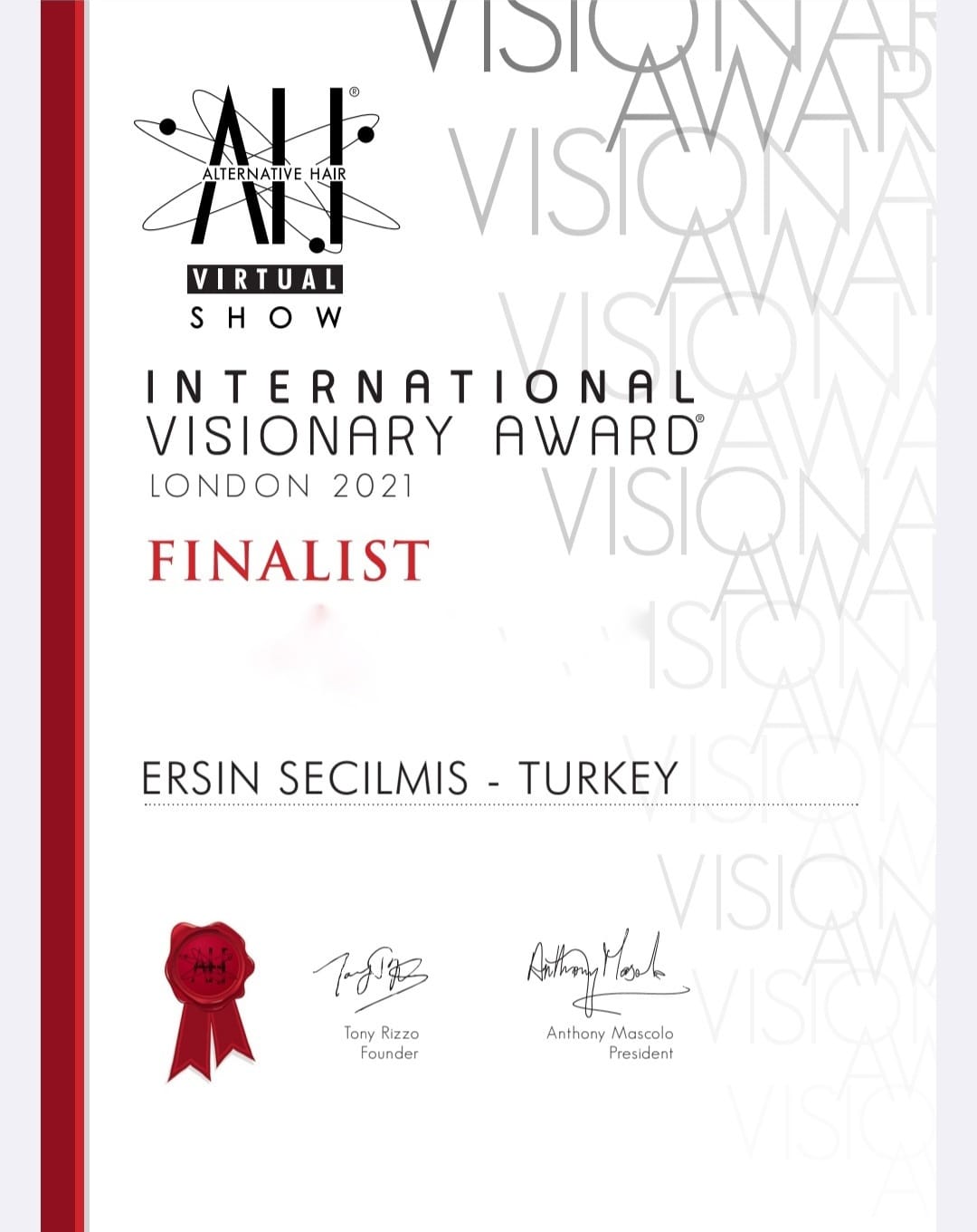 International Visionary Award 2021 finalist certificate, London